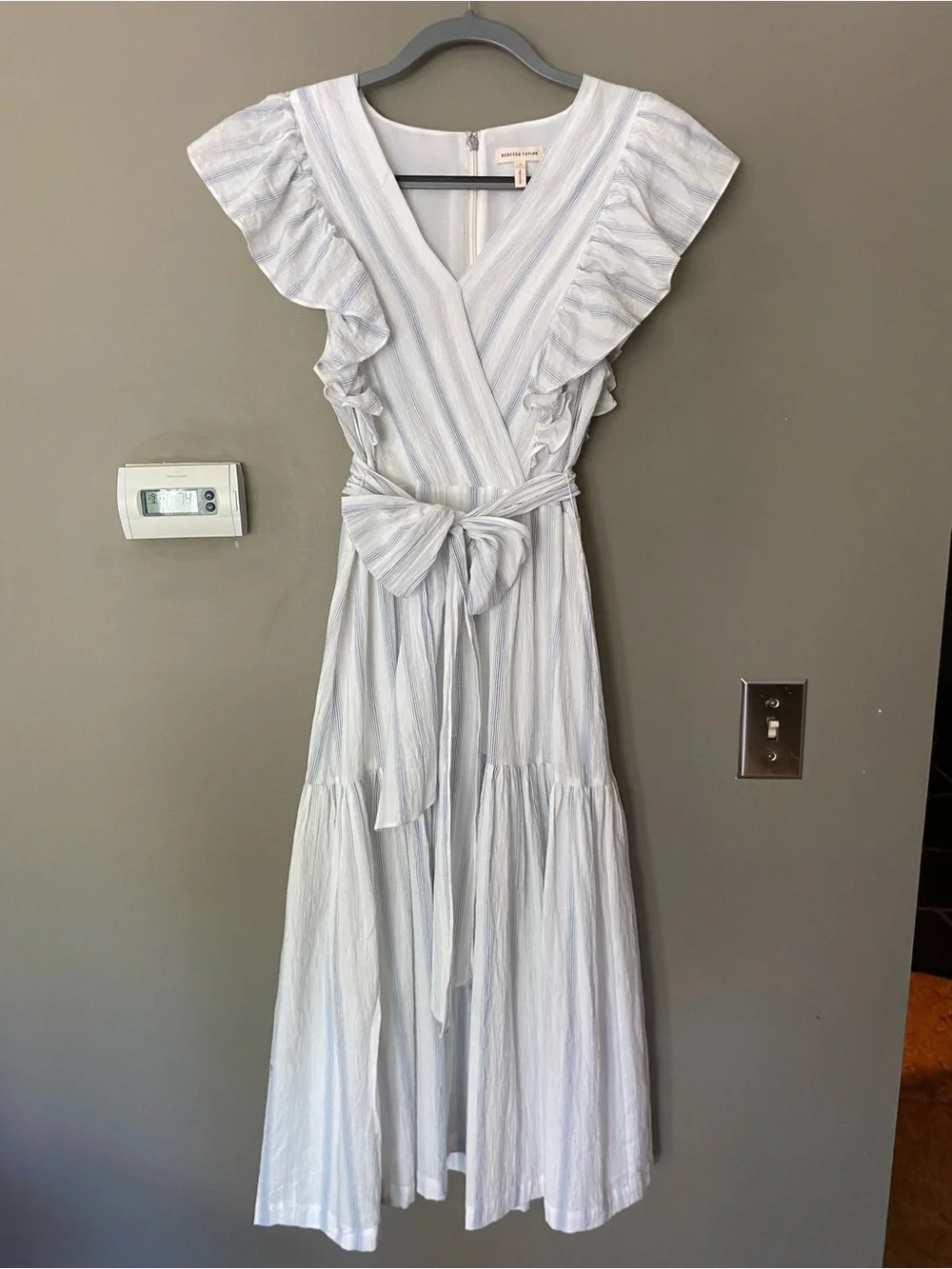 REBECCA TAYLOR Cream and Blue Yarn-Dye Stripe Ruffle Midi Dress Size 6 - Picture 2 of 8